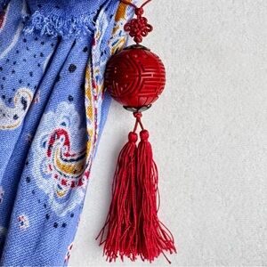 Red Tassel Carved Asian Longevity Bead Adjustable Knot Cord Pendant Necklace